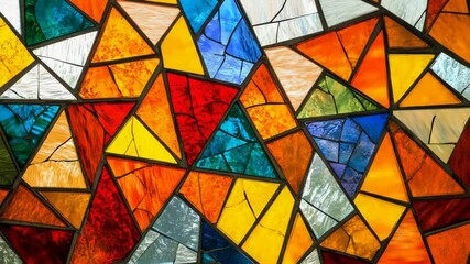 Bright stained glass mosaic with overlapping triangle shapes in warm and cool color harmony - Powered by Adobe