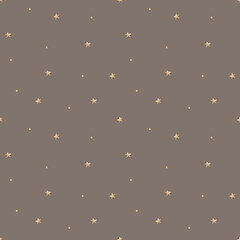 Seamless pattern beige stars are located chaotically. Watercolor illustration hand drawn in children's style, simple print on dark brown background for design textiles, fabrics, packaging, clothes