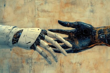 Human and robot hands reaching out to connect against a textured background at a futuristic setting symbolizing unity in technology and humanity