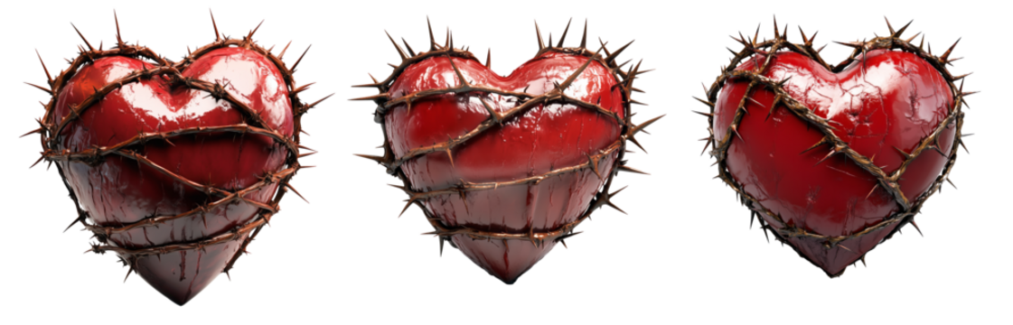 Set of Red cracked heart entwined in sharp thorns isolated on white transparent background, symbolizing pain, love or heartbreak - Powered by Adobe