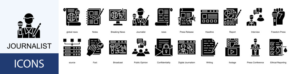 Journalist icon collection set. Containing global news, Notes, Breaking News, news, Press Release, Headline, Report, Interview icon