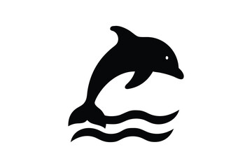 Fototapeta premium tropical palm trees, dolphins jumping in waves, minimalist silhouette style, blue sky background, black and white with blue accents, high contrast, simple geometric shapes, clean and modern design