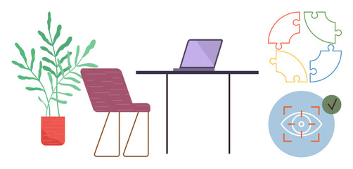 Laptop on desk beside chair and plant, colorful puzzle pieces, and focus icon. Ideal for productivity, focus, organization, collaboration, work-life balance creativity task management. Simple flat
