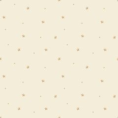 Seamless pattern beige stars are located chaotically. Watercolor illustration hand drawn in children's style, simple print on beige background for design textiles, fabrics, packaging, clothes postcard