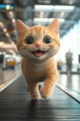 Cute orange kitten playfully trots along an airport conveyor belt during a sunny afternoon, captivating travelers with its joyful expression and big green eyes