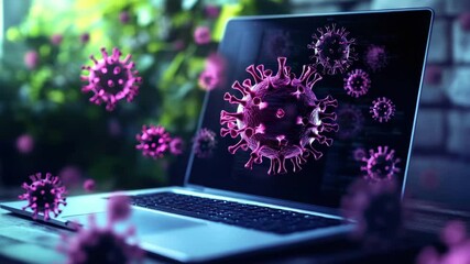 Coronavirus digital virus floating around laptop screen glowing purple virus particles technology health infection pandemic computer screen digital virus infection technology pandemic health laptop - Powered by Adobe