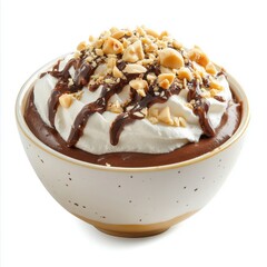 whipped cream dessert presented in a hexagonal glass jar, with whipped cream, drizzled chocolate sauce,