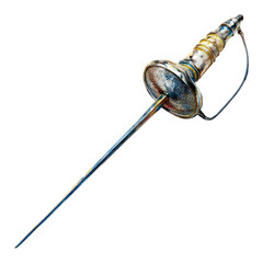 A detailed antique foil fencing sword with a wire mesh guard and ornate grip isolated on transparent background