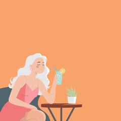 Beautiful cartoon girl with white hair and a cocktail in her hand sits at the table, flat style, postcard, minimalism, orange background