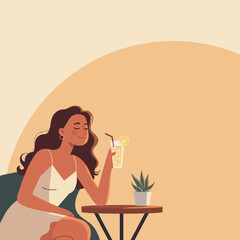 Beautiful cartoon girl with a cocktail in her hand sits at a table, flat style, postcard, minimalism