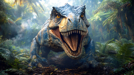 A massive dinosaur roaring in a lush, prehistoric jungle surrounded by vibrant ferns and mist
