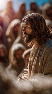 esus Christ stands in an outdoor setting, teaching a large, diverse crowd of people who are intently listening