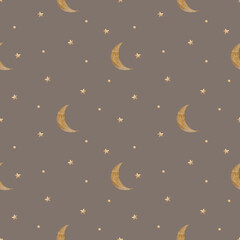 Seamless pattern retro beige moon among brown stars. Watercolor illustration hand drawn in children's style print on dark brown background for design textiles, fabrics, packaging, clothes, postcard