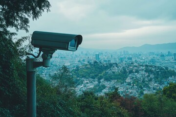 CCTV camera overlooking suburban hillside with city skyline in distance during cloudy day, CCTV Hillside In Suburbs Looking Out To City
