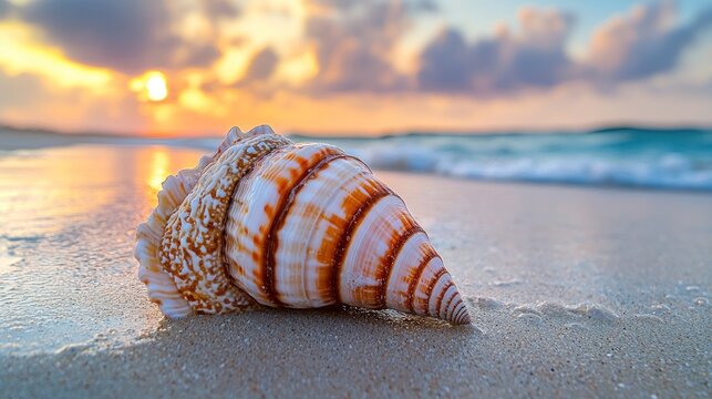 Ornate seashell rests on the sandy beach at sunrise.