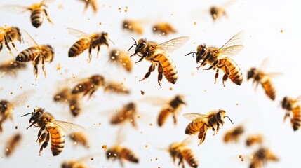 A flurry of honeybees in flight.