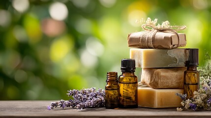 Natural Soap Bars and Essential Oils with Lavender, Wellness and Aromatherapy Concept