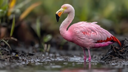 Fototapeta premium Pink flamingo wading in shallow water.