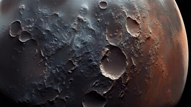 Close up view of cratered rocky planet surface with detailed celestial textures and shadows, revealing dramatic rugged terrain in outer space, perfect for astronomy and space exploration enthusiasts