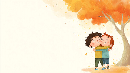 Autumn Embrace: Children's Illustration of Friendship and Fall"Happy International Friendship Day – Diverse Friends Laughing Together Outdoors, July 30 Celebration"