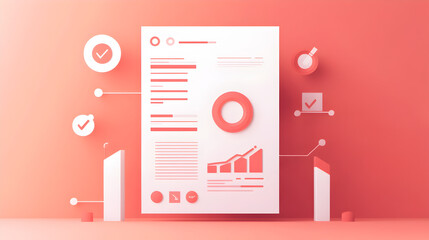 Fototapeta premium Coral 3d infographic document with charts and checkmarks