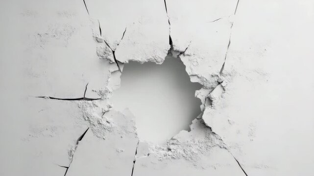 Cracked white wall with large hole in center showing rough texture and broken plaster, creating dramatic damaged surface effect and wall destruction with broken edges and cracked paint