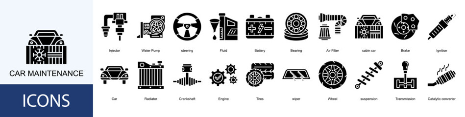 Car Maintenance icon collection set. Containing Injector, Water Pump, steering, Fluid, Battery, Bearing icon © Uyun rokhman