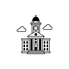 Illustration of a classic clock tower building with architectural detailing and clouds.