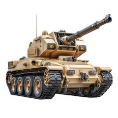 Modern tan main battle tank with large cannon and six road wheels isolated on transparent background
