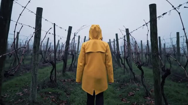 Person in yellow raincoat walks through vineyard during a foggy and overcast day providing a somber and atmospheric feel.