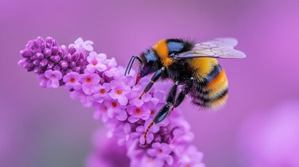 Close-up of a bee on a cluster of small, vibrant purple flowers.