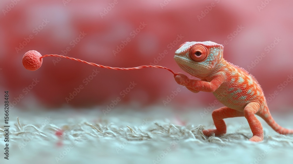 Poster a small, orange-red chameleon plays with a string.