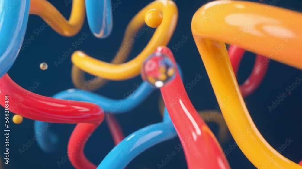 Poster abstract 3d vibrant twisted tubes in playful composition, suitable for energetic animations or color