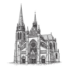 Fototapeta premium Ornate Gothic Cathedral Front View Vector Engraving Illustration