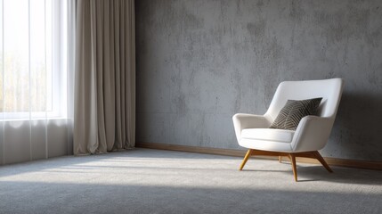 Modern white armchair with patterned cushion in a room with concrete wall and carpet