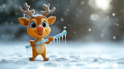 Adorable cartoon reindeer with icicles in a snowy landscape.