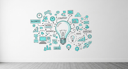 Light bulb surrounded by business and strategy icons on a white wall in a bright room