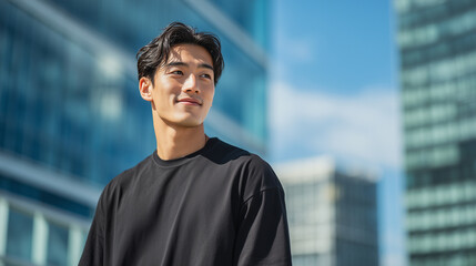 オフィス街を背景に自信に満ちた表情の若い男性 | モダンな都市風景