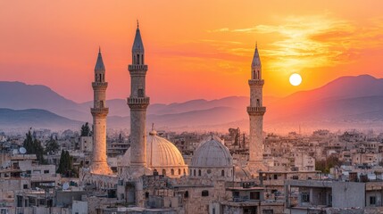 Naklejka premium Orange Sunset Over City with Three Mosque Towers