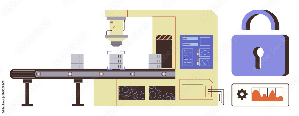 Poster robotic arm with conveyor processing metal components, padlock representing security, and control sy