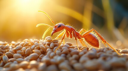 Close-up of a red ant on a bed of seeds.