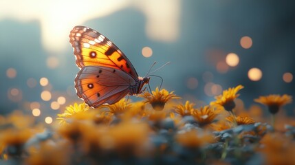 Obraz premium A butterfly rests on a cluster of flowers in the evening light.