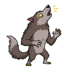 This cartoon-style gray werewolf stands upright with sharp claws and glowing yellow eyes, howling fiercely with its mouth wide open — a bold and dynamic Halloween icon.