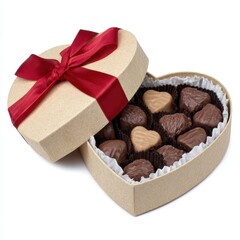 Heart shaped box filled with assorted chocolates tied with a red ribbon isolated on white background