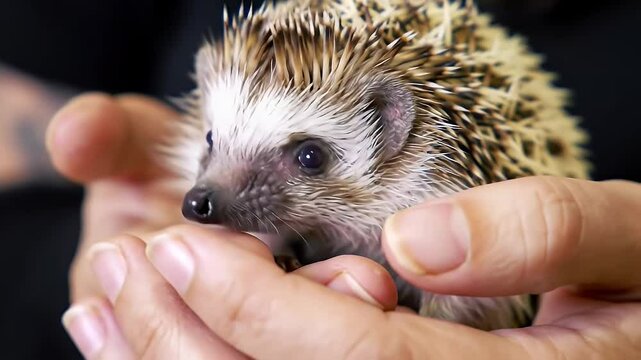 Close Up of Adorable African Pygmy Hedgehog Held in Human Hands with Spiky Coat and Tiny Face