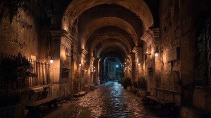 Dark atmospheric hallway with arched ceilings and dim lighting