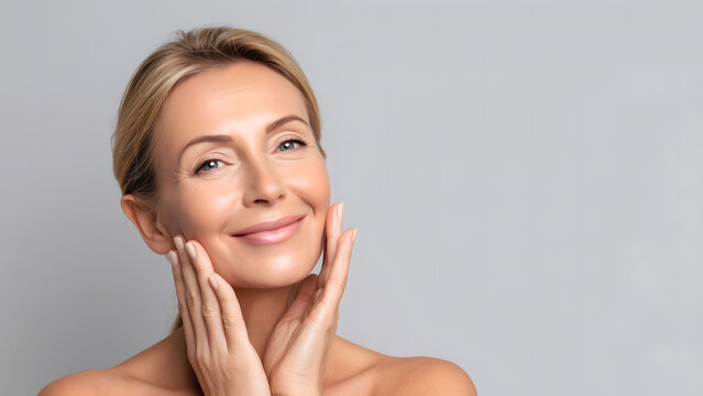 Smiling woman with healthy skin and radiant look. Anti-aging beauty and skincare concept