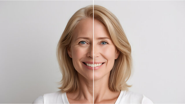Before and after comparison of wrinkles on middle-aged woman. Anti aging skincare transformation and Rejuvenation