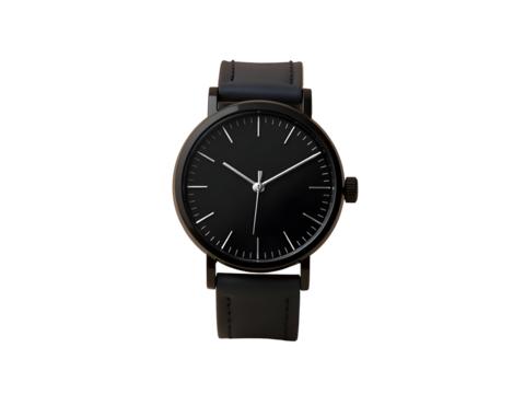 Black Leather Strap Wristwatch Dark Gray Face Silver Hands Minimalist Timepiece isolated on a transparent background - Powered by Adobe