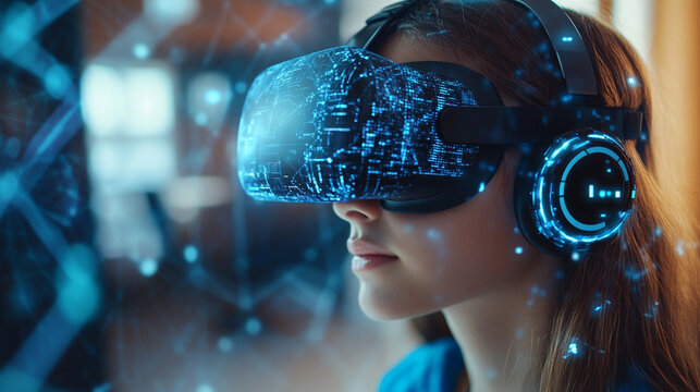 close-up-of-teen-girl-learning-coding-through-vr-headset-at-home-digital-interface-overlay - Powered by Adobe